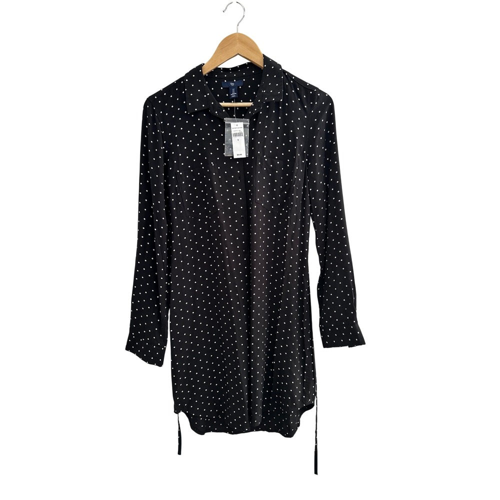 Gap Womens Black Polka Dot Print Shirt‎ Dress Long Sleeve Small NWT Belted